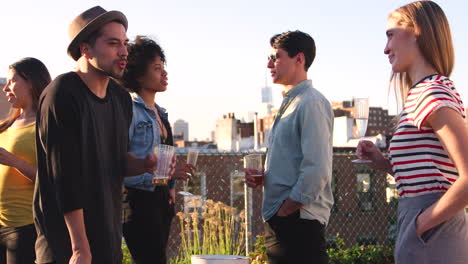 adult friends socialising on a new york rooftop, waist up