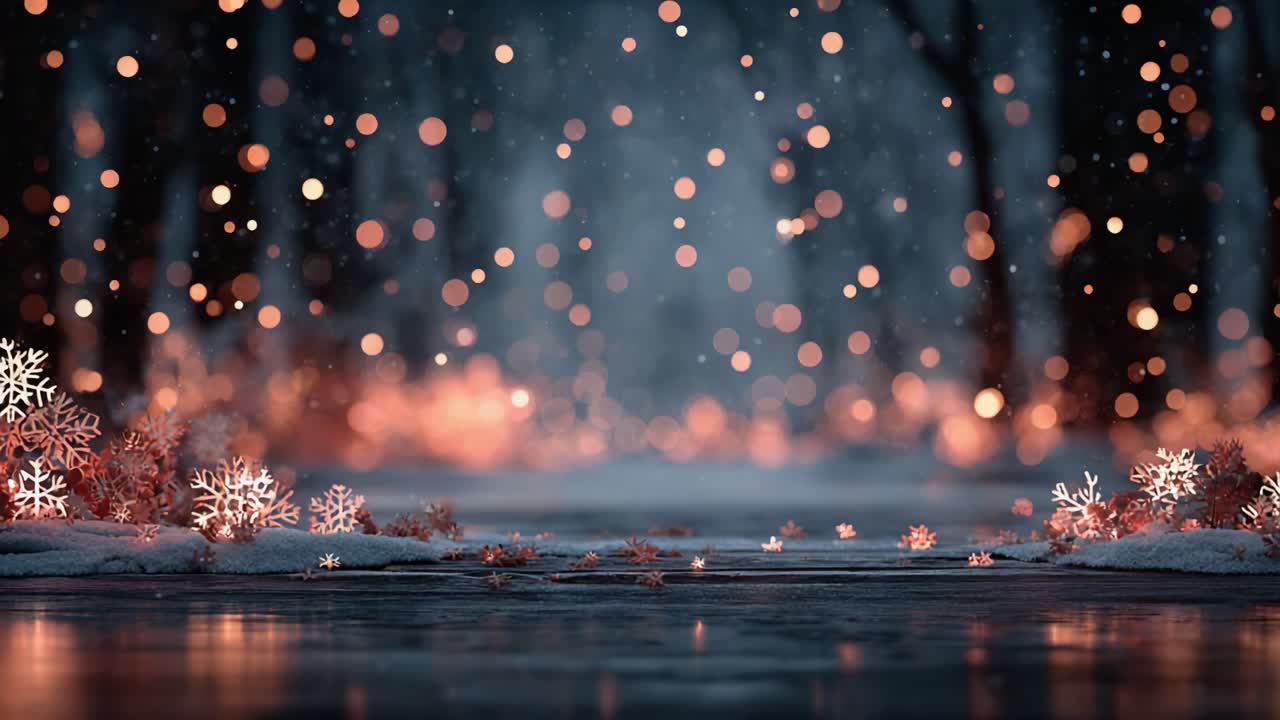 Et magisk vinterlandskap innhyllet i glitrende snøfnugg og myke, glødende lys, som skaper en fortryllende atmosfære i en frostkledd skog.