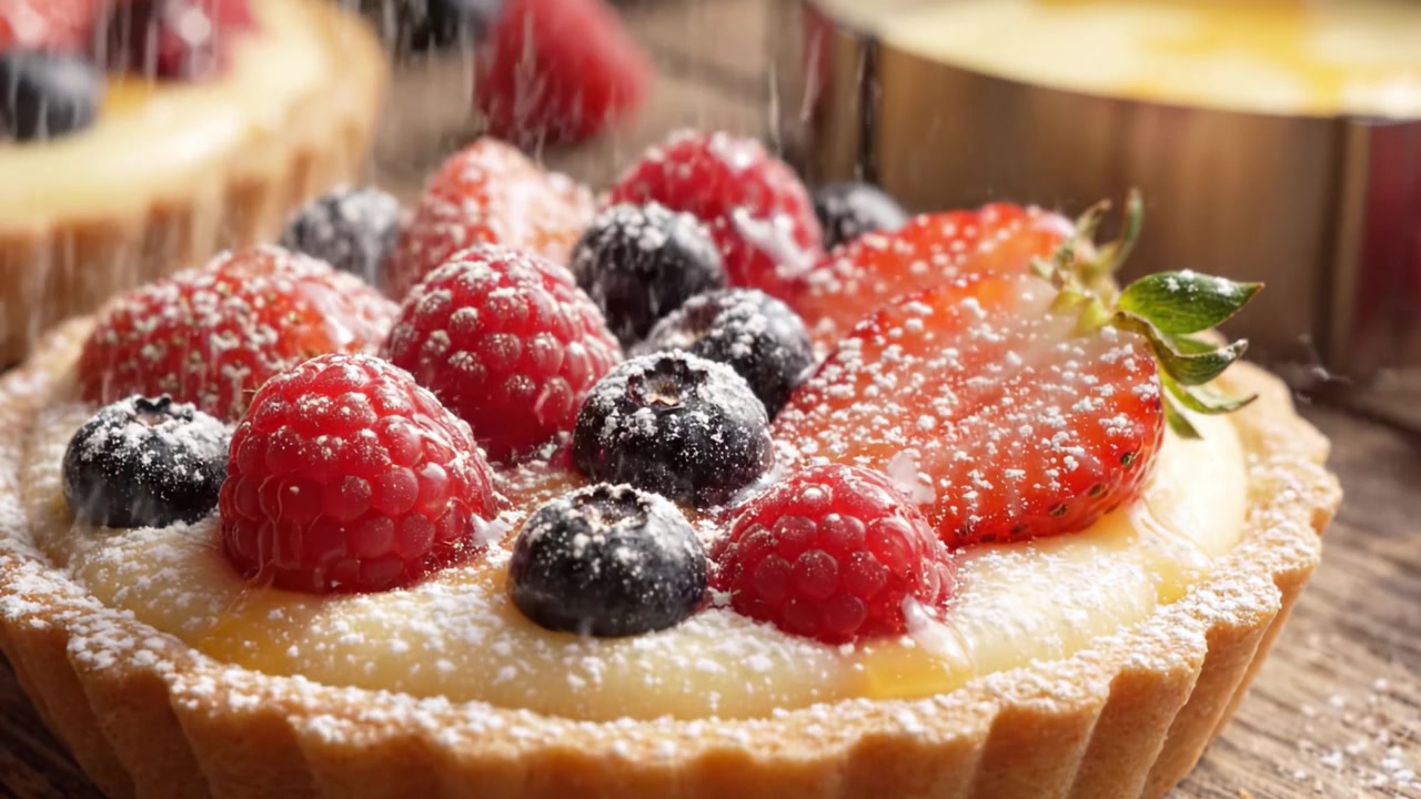 Crostata di frutta deliziosamente decorata con frutti di bosco misti e ripieno di crema, che mostra colori vivaci e una consistenza invitante in un ambiente rustico