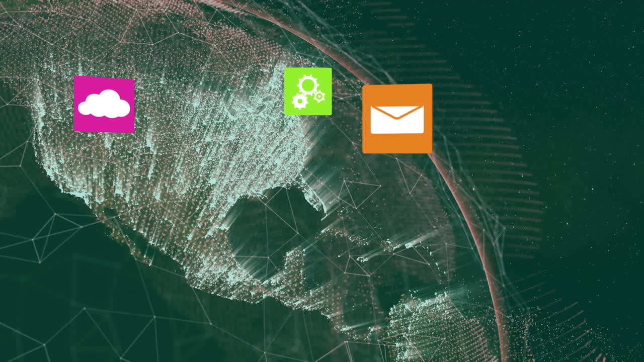 анимация сети соединений с иконами облаков и глобусом на зеленом фоне