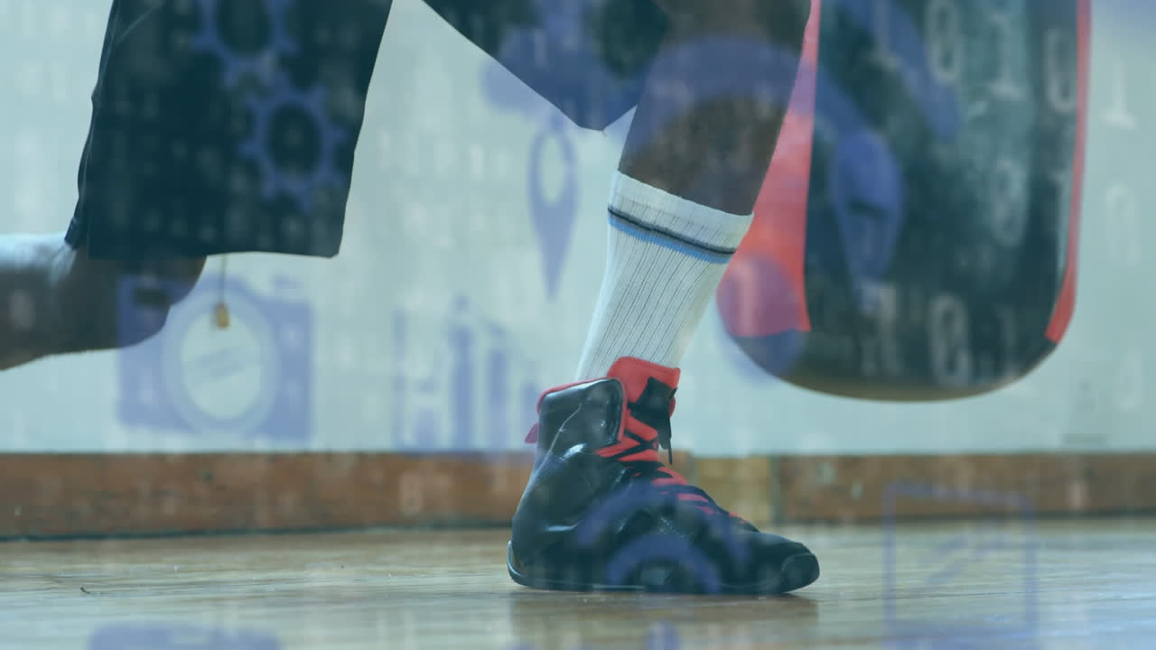 iconos digitales contra boxeador masculino atando cordones de zapatos