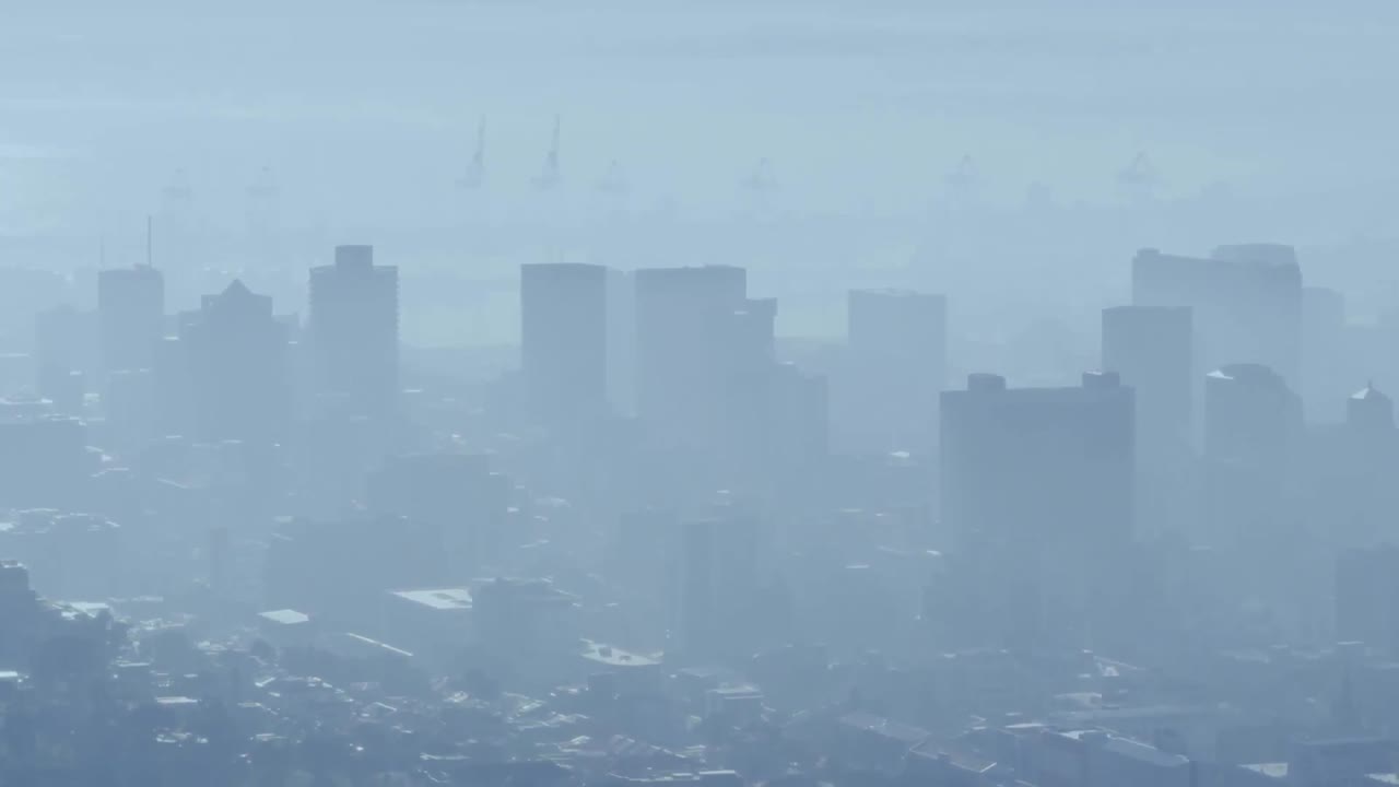 도시 풍경 위에서 움직이는  ⁇ 은 모양의 애니메이션