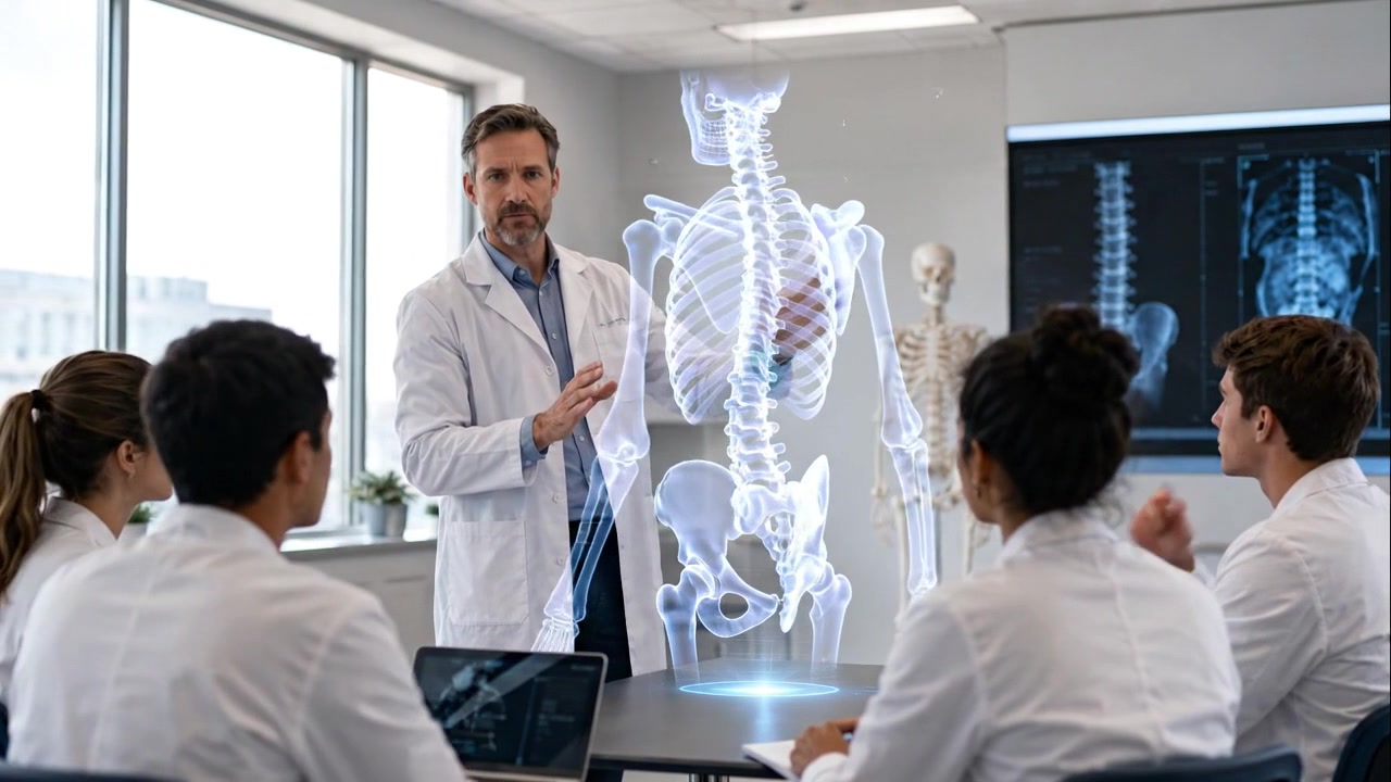 Istruttore medico che presenta una colonna vertebrale umana olografica a studenti seduti in aula