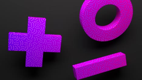 abstract modern composition with colorful gradient pink, vivid, purple cross, tube cylinder and rectangle on black background. on the shapes there are patterns of chrome wavy lines. 3d animation loop