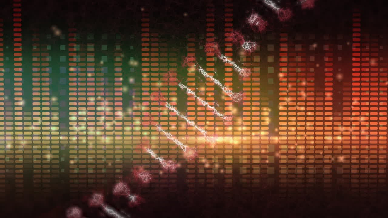 animación digital de la estructura del adn girando sobre luces de discoteca naranjas contra un fondo negro