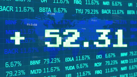 animación del símbolo de adición con números y tablero de negociación contra el mapa sobre fondo azul.