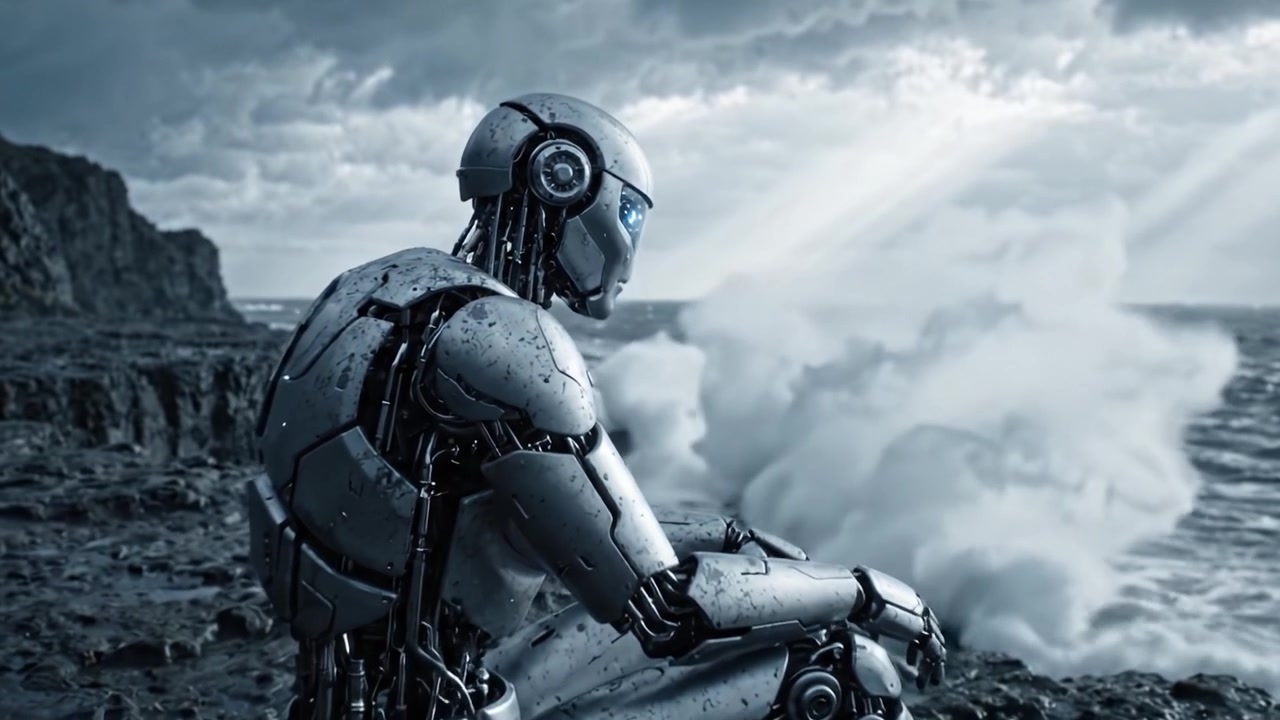 Un robot contemplativo guarda un mare in tempesta, riflettendo sull'esistenza contro uno sfondo drammatico di nuvole scure e raggi di sole che filtrano.