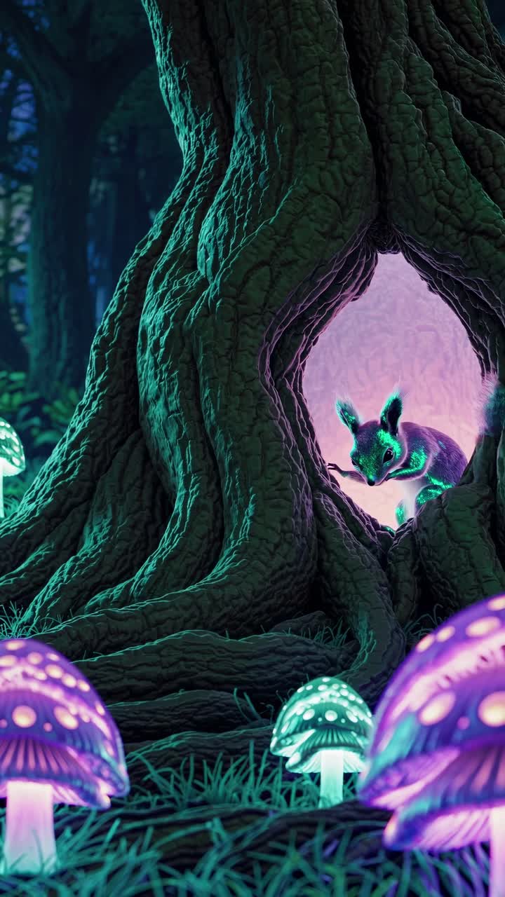A whimsical video scene of a squirrel peeking from a tree hollow, surrounded by glowing mushrooms