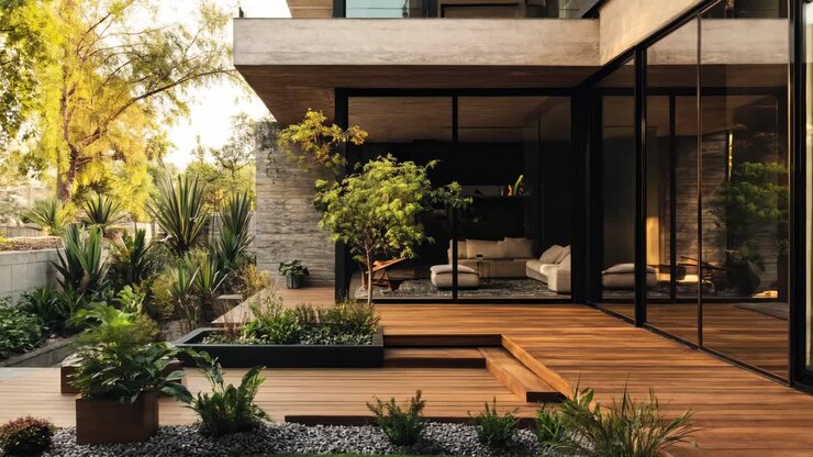 Patio moderno con veranda in legno e vegetazione lussureggiante, catturato a livello degli occhi