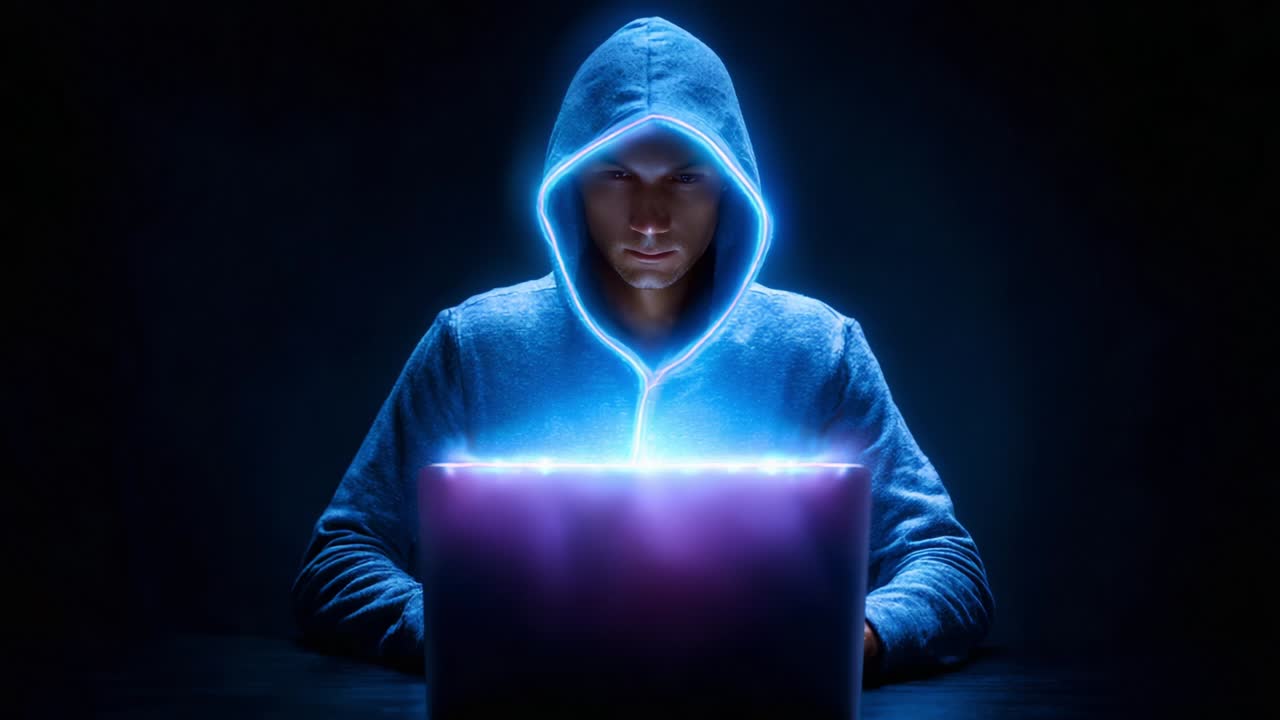 In a darkened space, a focused individual in a hooded sweatshirt interacts with a glowing laptop, creating an atmosphere of mystery and intrigue as they harness technology and digital energy