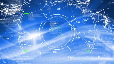 animation of circles floating over data processing and numbers on a blue background