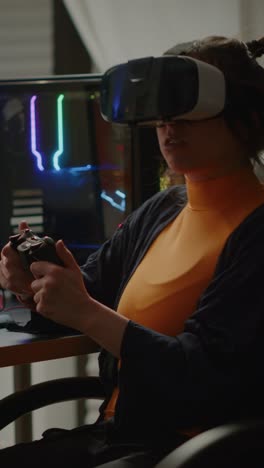 woman playing vr game with controller and gaming pc