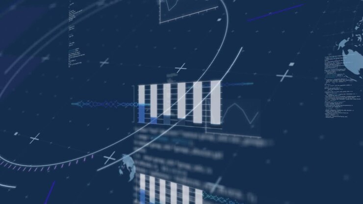 Blue streak appearing and moving, starting 3D segmented bar chart sliding into front, focusing data