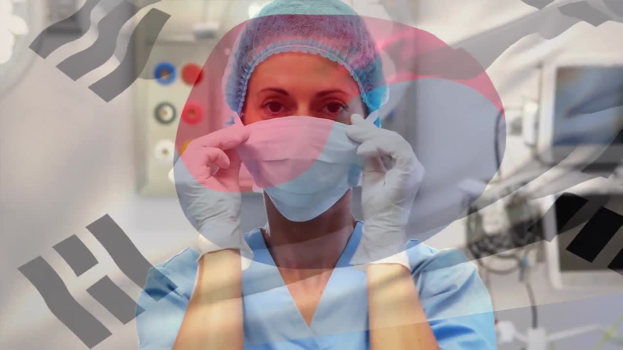 animación de la bandera de corea del sur ondeando sobre un cirujano con máscaras faciales