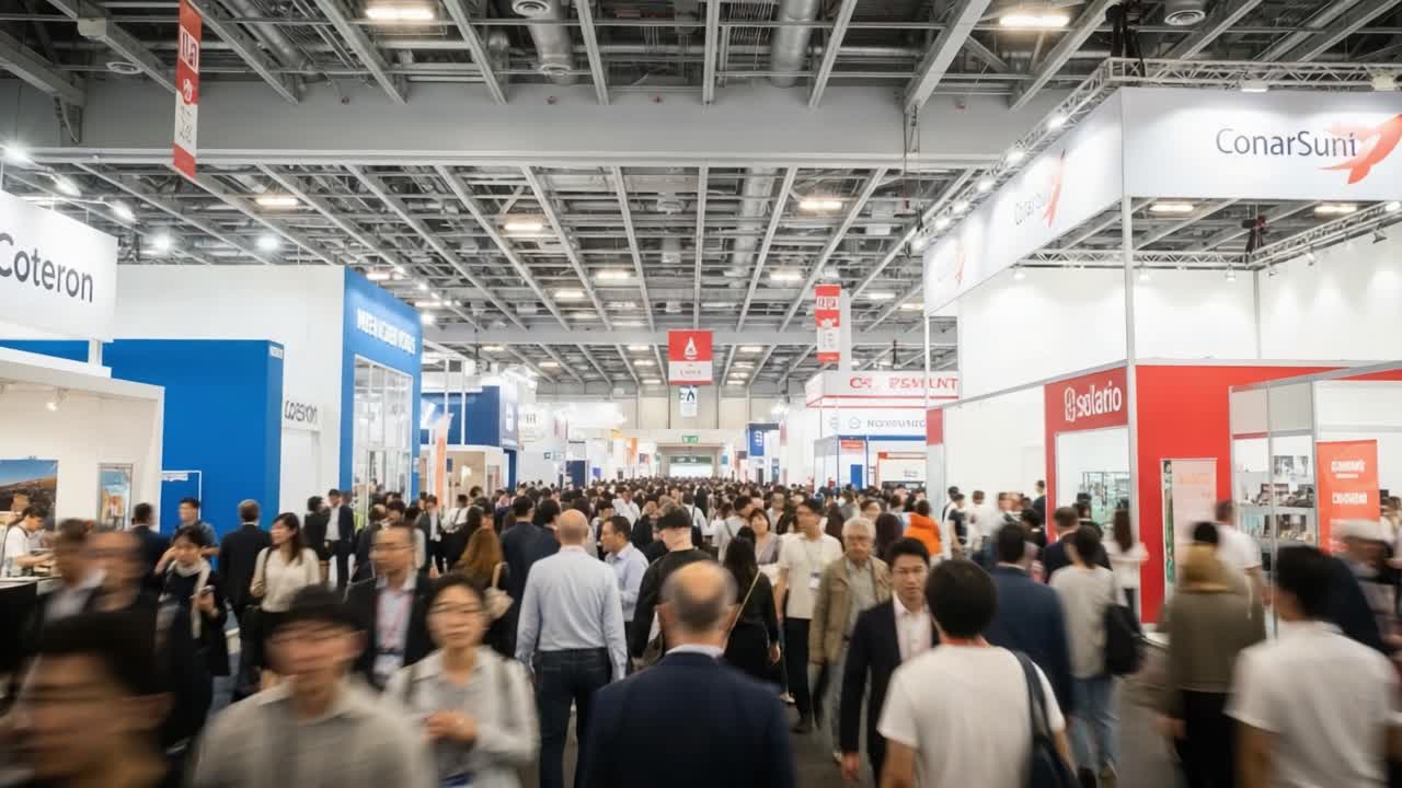 People walking through a busy trade show or exhibition hall