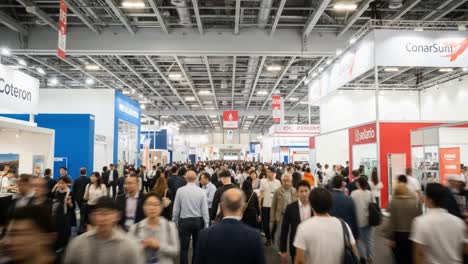 people walking through a busy trade show or exhibition hall