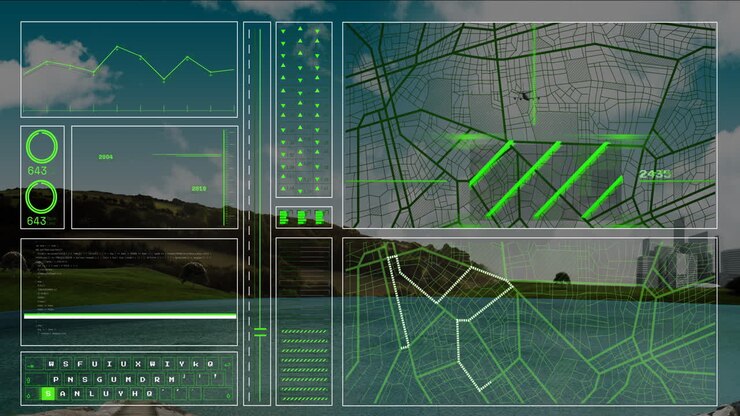 Displaying animation of geographic maps, data analytics over landscape background
