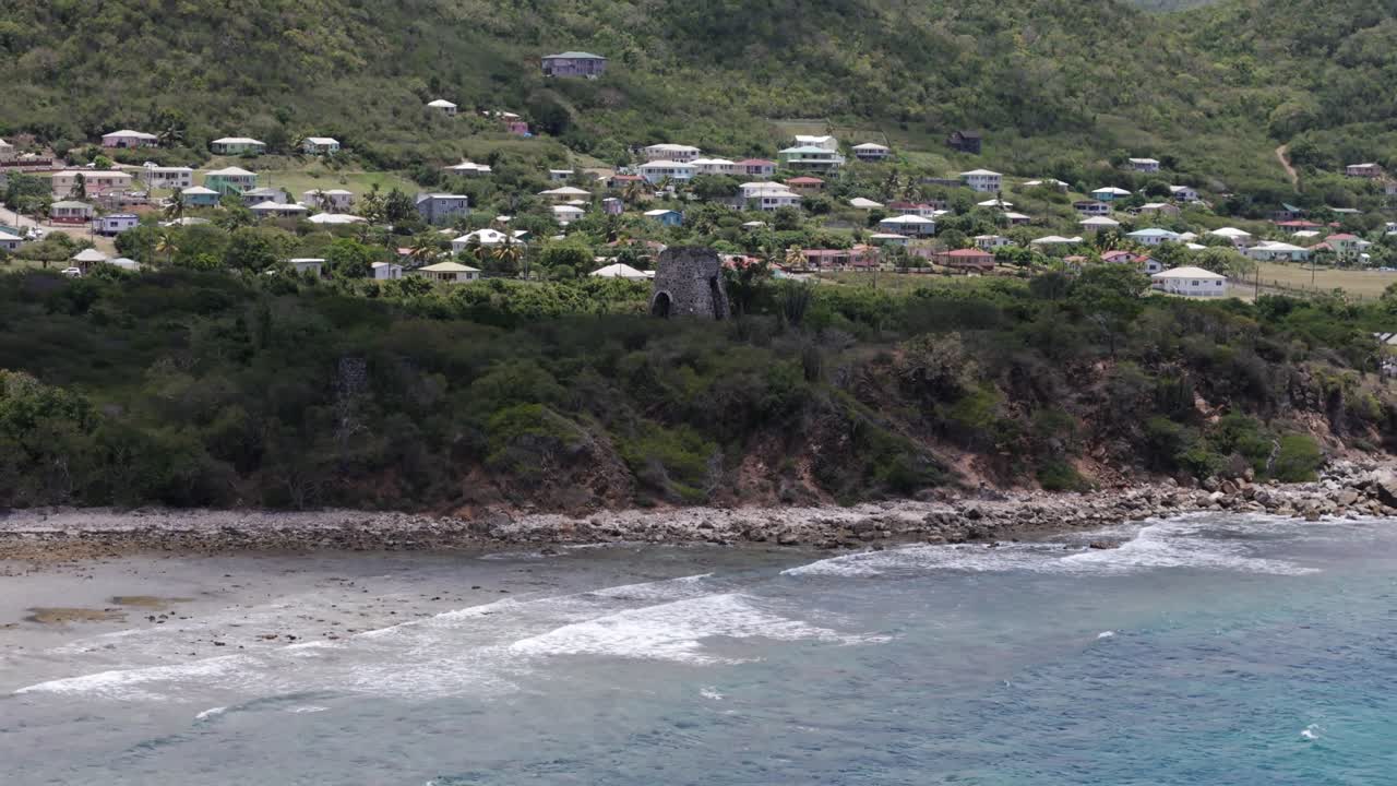 Abandoned Sugar Mill Tower On The Five Islands Village In Antigua And Barbuda. Aerial Pullback Shot
