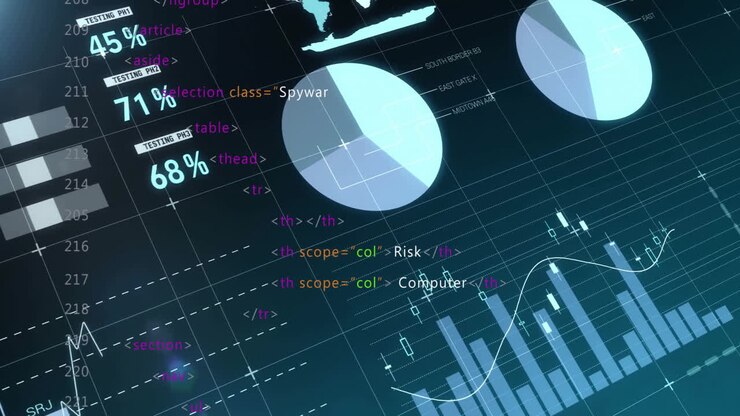 Animation of data analytics and coding overlaying graphs and pie charts in school