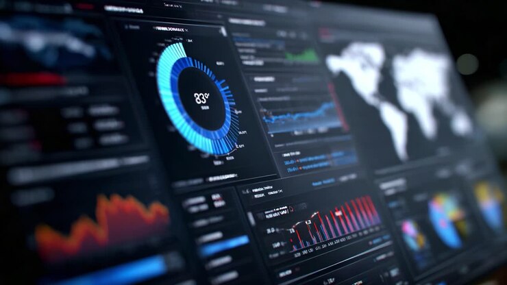 Dynamic Data Dashboard Displaying Real-Time Analytics and Visualizations with Graphs, Maps, and Metrics for Enhanced Decision-Making Insights and Trends Analysis