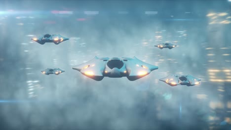 flock of futuristic spaceships in motion