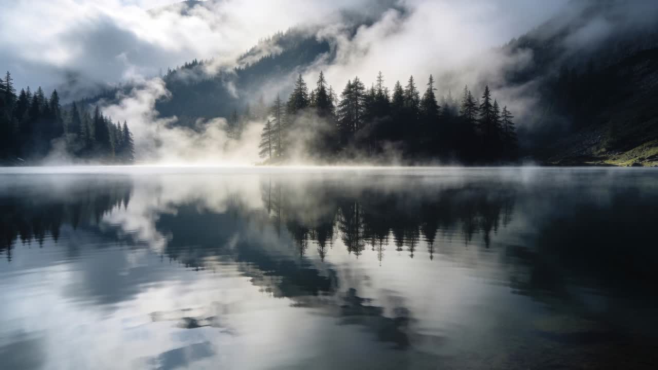 Una fascia di nebbia alla deriva si sposta verso est attraverso un lago di montagna, mentre la brezza increspa il riflesso di un gruppo di conifere.