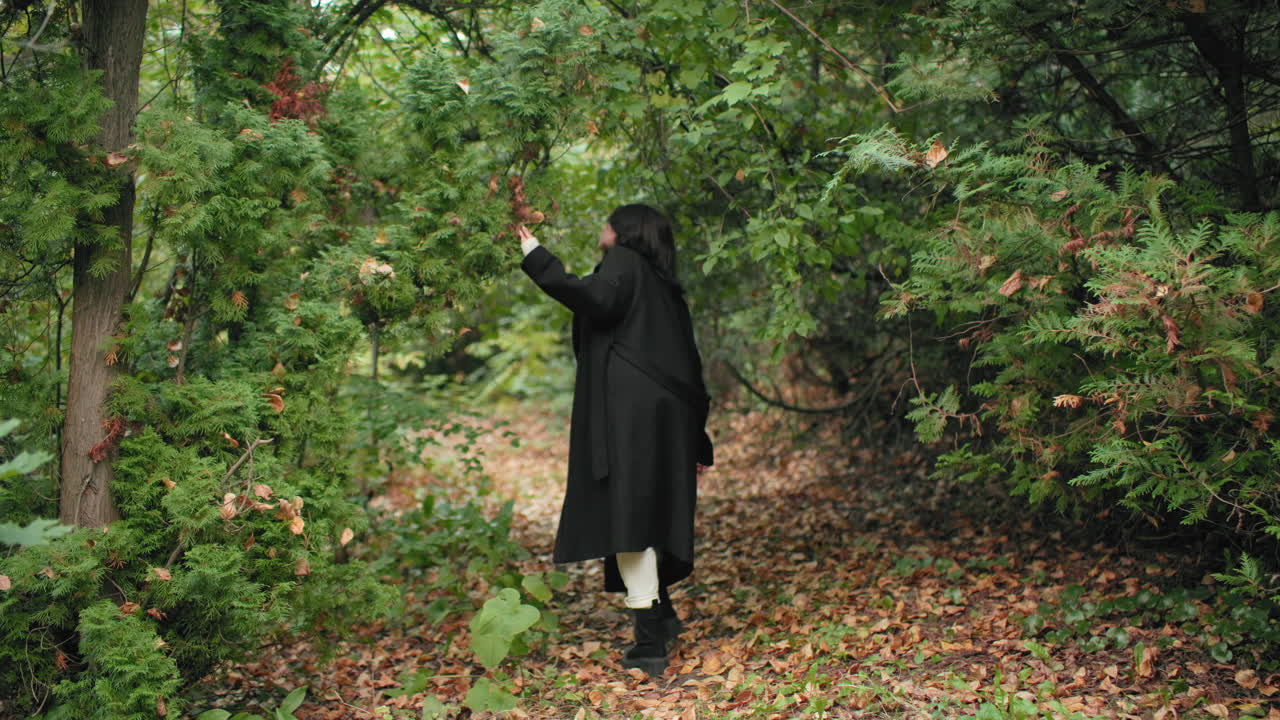 Vista posterior de una mujer elegante deslizándose entre árboles otoñales por un sendero frondoso, rozando las ramas con la mano, abrigo ondeando, una paseante serena que explora un tranquilo túnel boscoso, hojas doradas, luz suave
