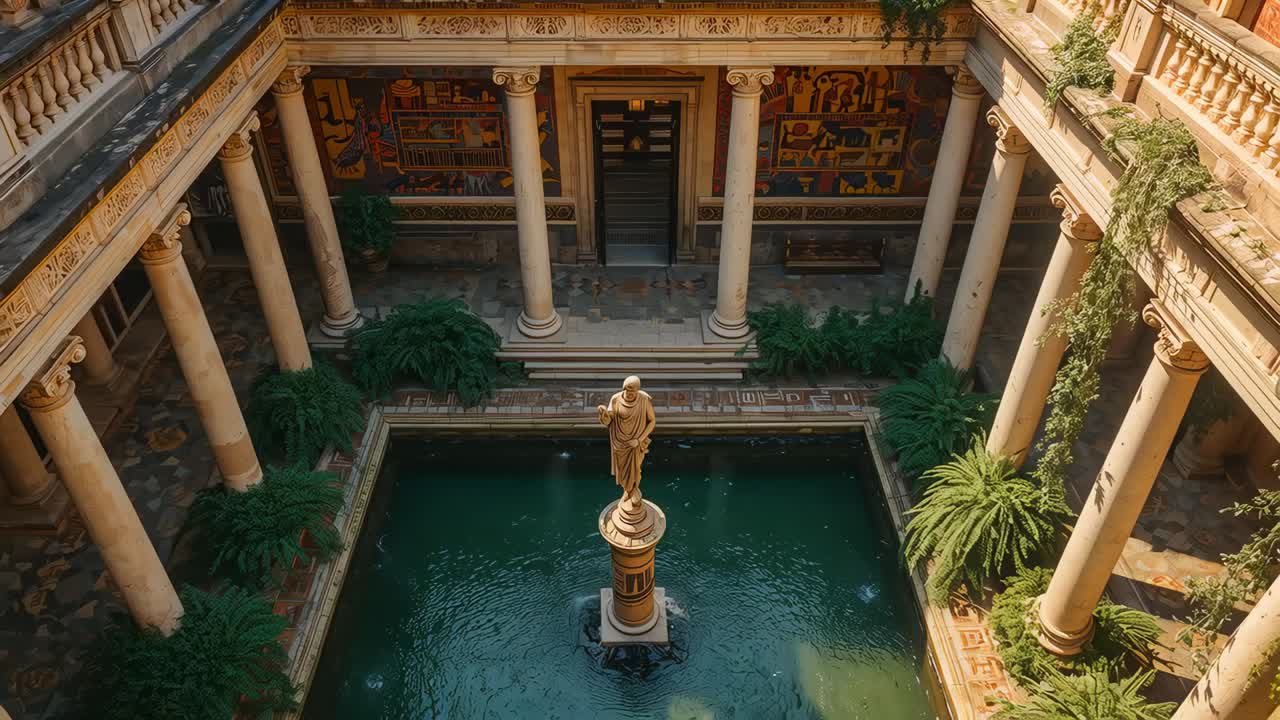 Gliding camera moving forward and downward in villa courtyard, revealing statue and reflecting pool