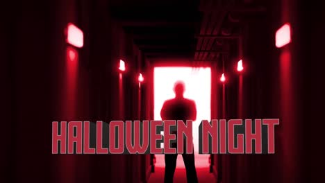 Animation-of-halloween-night-text-in-red,-over-scary-figure-backlit-in-doorway-of-dark-corridor