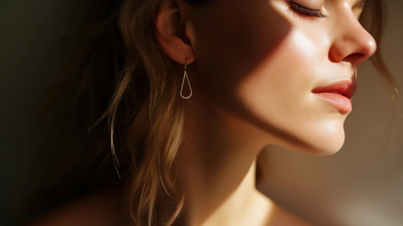 Close-up profile of a woman in soft light, highlighting serene expression and elegant earring