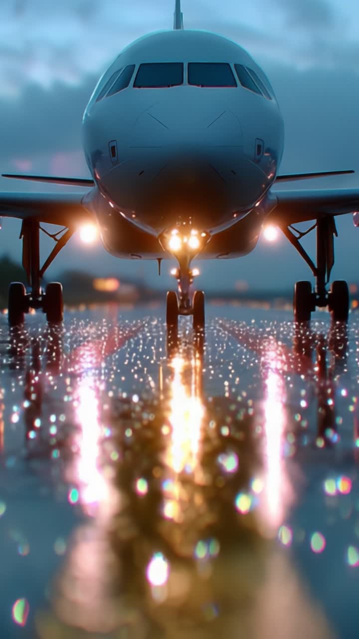 Un elegante avión se prepara para el despegue en medio de una pista reflectante, realzado por gotas de lluvia y luces iluminadas, mostrando una impresionante ingeniería aeronáutica en movimiento