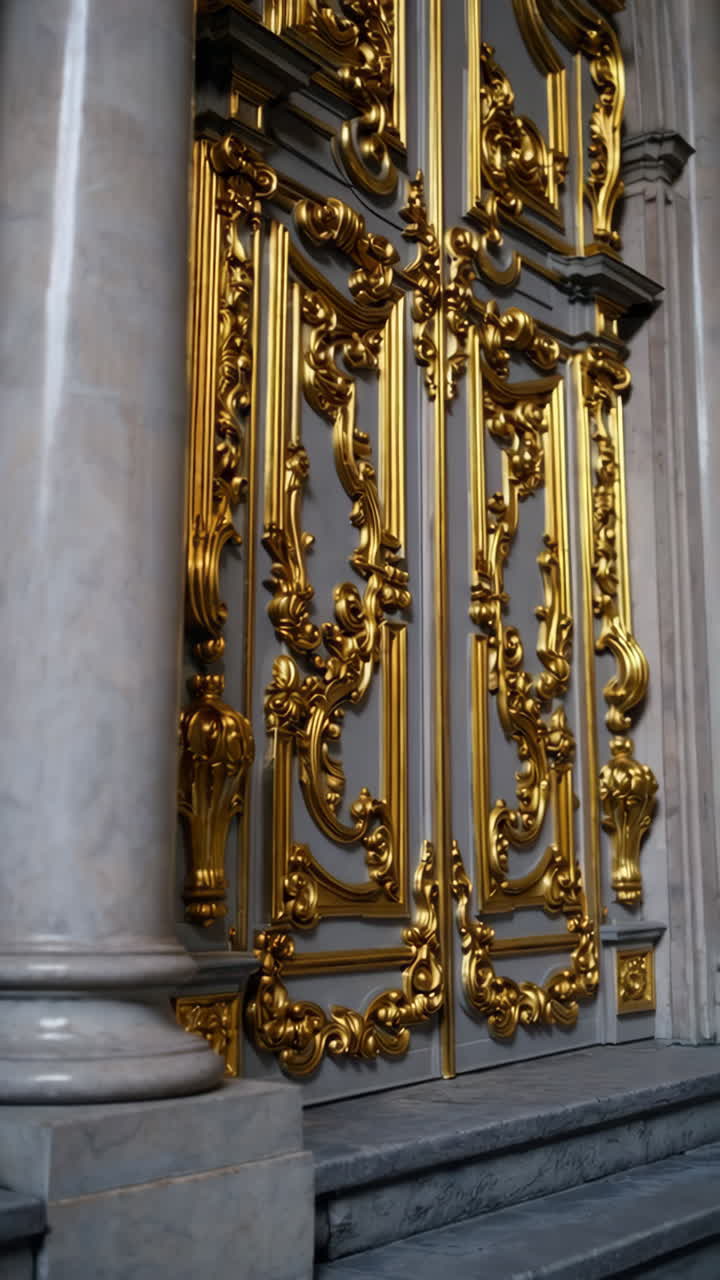 Ornate Gold Doors with Marble Columns and Staircase