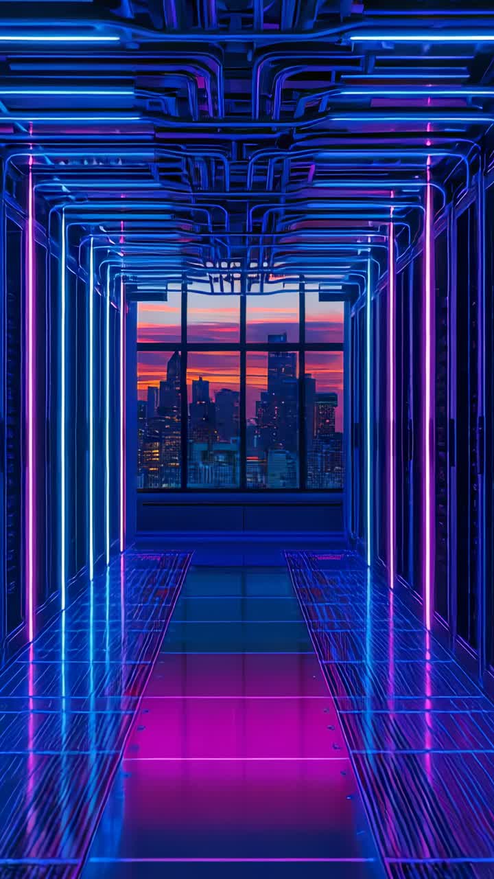 Vertical video: Activating camera capturing neon corridor with glossy floor, revealing dusk skyline