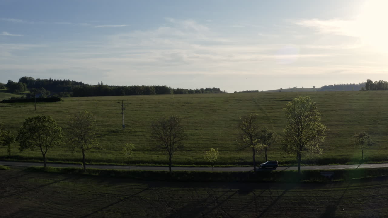 화창한 날 체코 공화국 돌니 모라바에 있는 녹지와 갈색 들판 사이에 나무가 늘어선 시골길에서 운전하는 밴의 트럭 공중 4k 샷