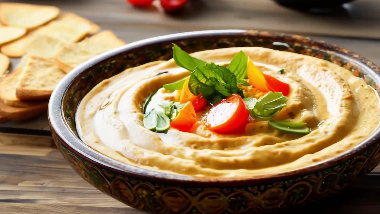 un cuenco de hummus se sienta en una mesa de madera, mientras un chef lo decora con verduras frescas. la preparación destaca los colores vibrantes y las texturas de los ingredientes