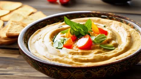 bowl of hummus sits on a wooden table, while a chef decorates it with fresh vegetables. the preparation highlights the vibrant colors and textures of the ingredients