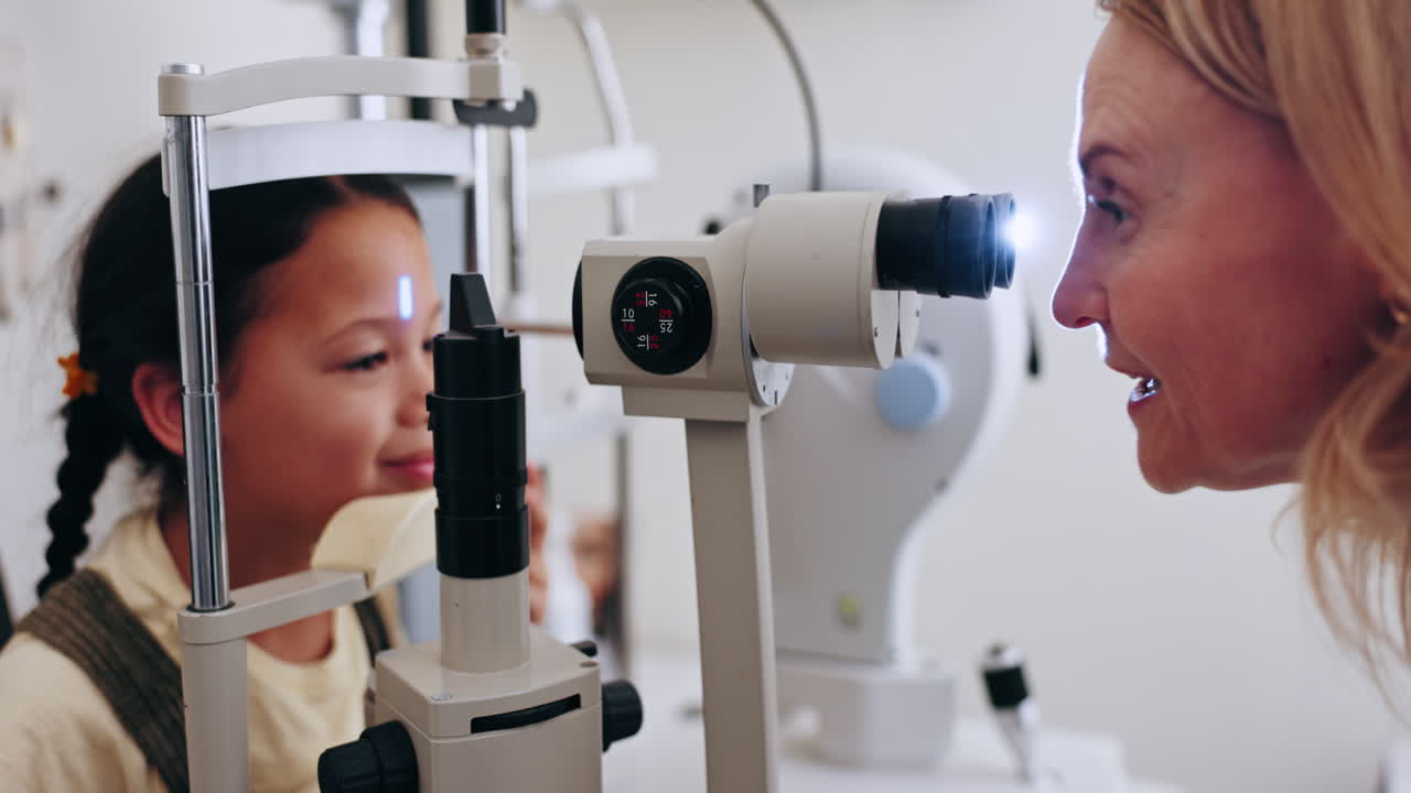 optometrista, niño y prueba ocular para gafas