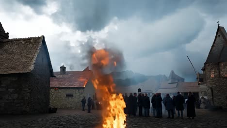 people gathered around a burning building in a medieval village