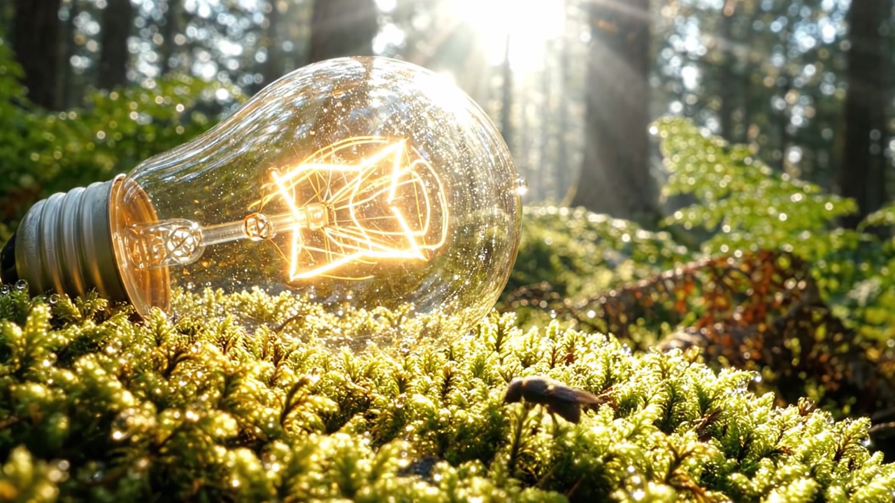 Una Tranquila Escena Forestal con una Bombilla Vintage Iluminando Musgo, Capturada con la Luz del Sol Filtrándose Entre los Árboles Creando una Atmósfera Mágica