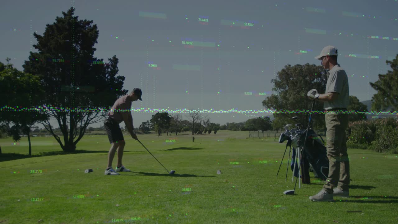 Golfer addressing ball swinging driver sending ball toward fairway partner being obscured by glitch
