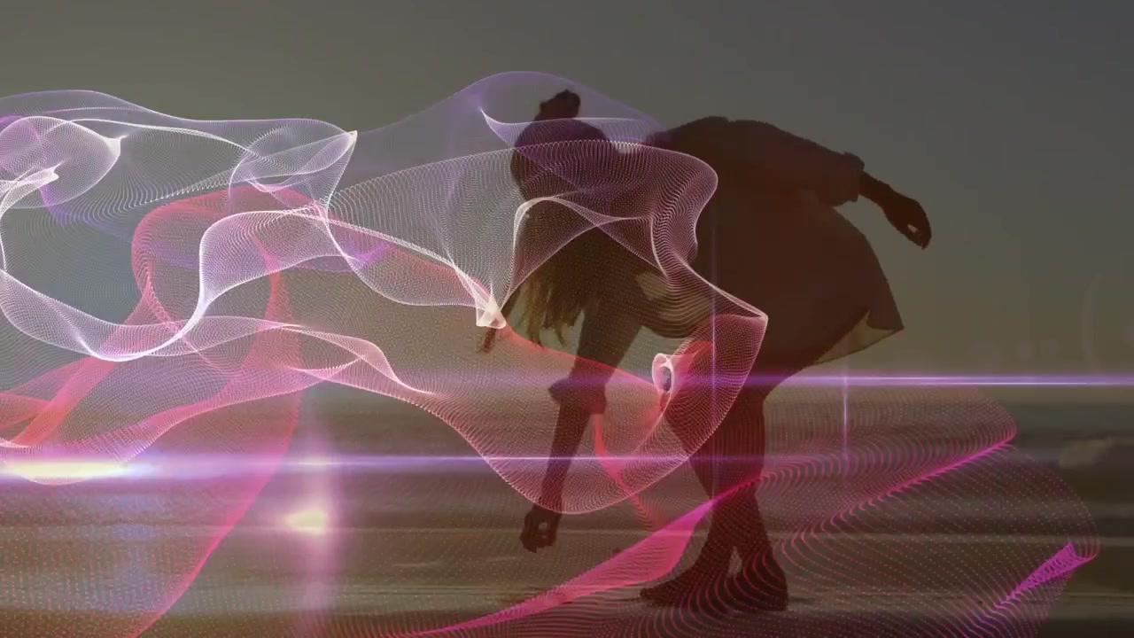 Animation of moving shapes over caucasian woman at beach