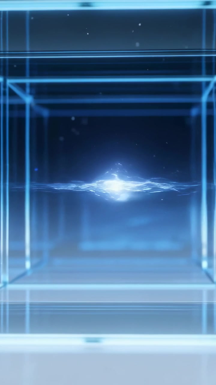 Vertical video: Pulling camera revealing neon-blue cube in virtual studio, exposing central flare
