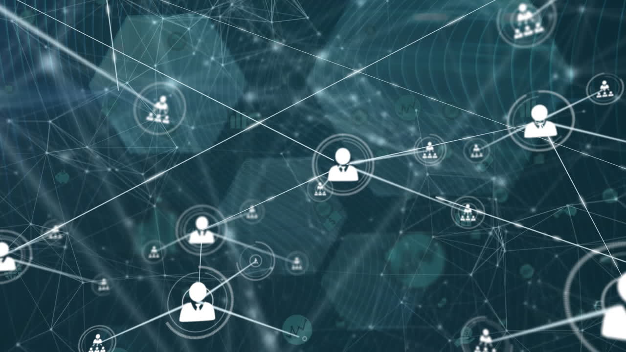 Animation of network of connections with icons on black background