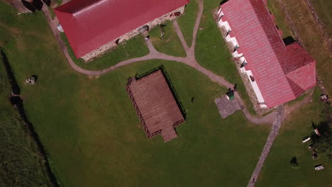 A-zooming-out-top-view-of-the-Museum-fortress-Korela,-Russia