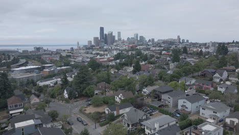 aerial drone shot of downtown seattle skyline on an overcast cloudy day