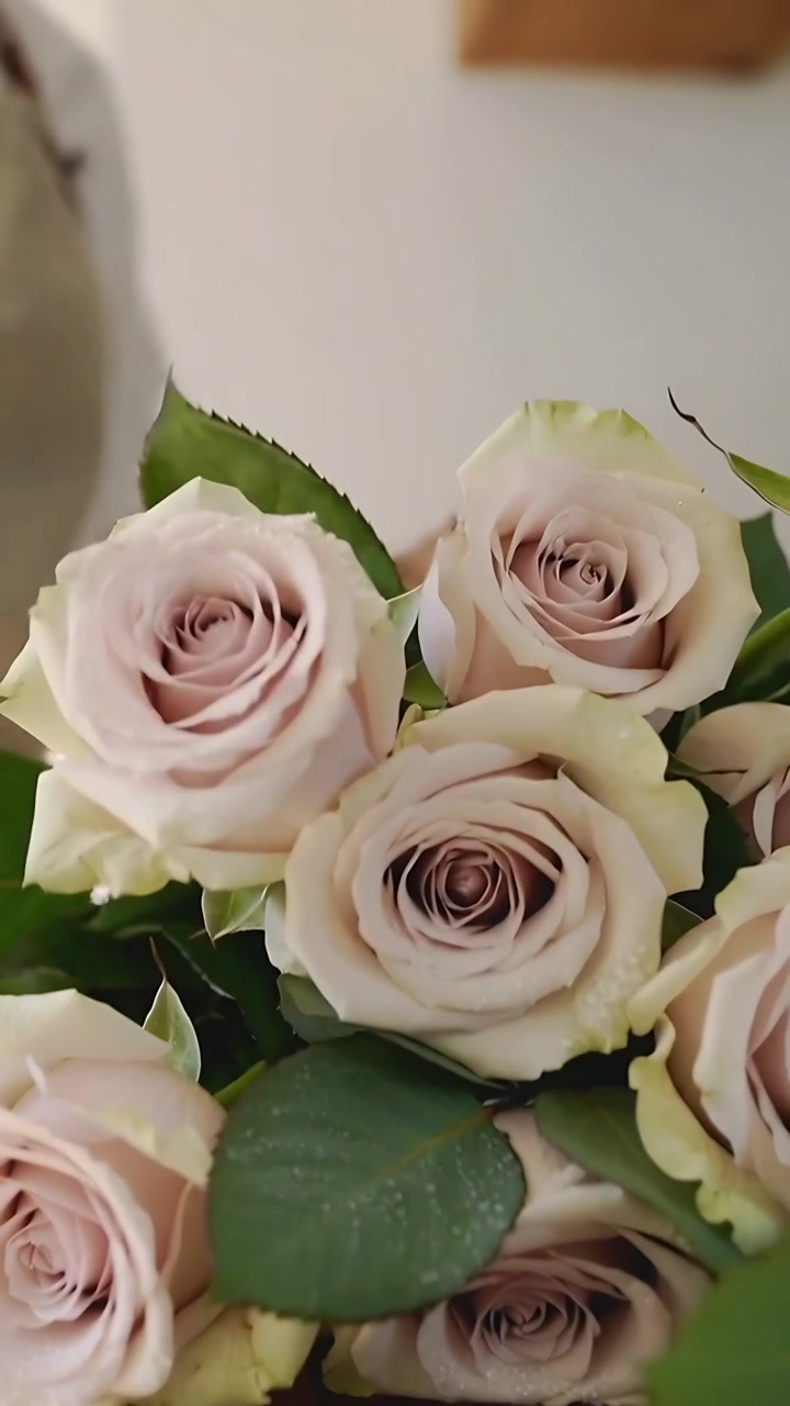 Video verticale: Una mano entra, fiorista che sistema rose rosa sul bancone per l'esposizione, indossando un grembiule.