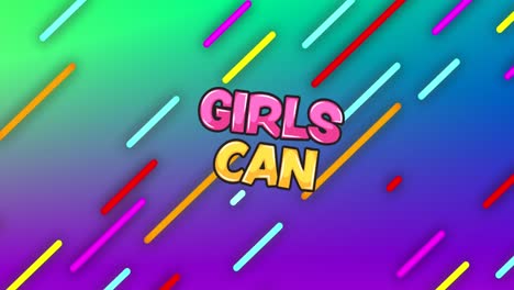 animation of girls can text and abstract shapes moving over green to purple background