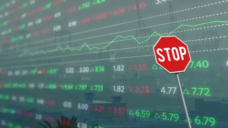 animation of financial data processing over stop road sign and city