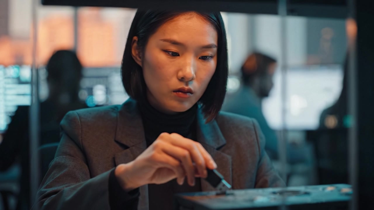 Professionista concentrato che analizza la tecnologia in un ambiente high-tech, esaminando un dispositivo da vicino, ritraendo una concentrazione elevata e dinamiche di lavoro moderne
