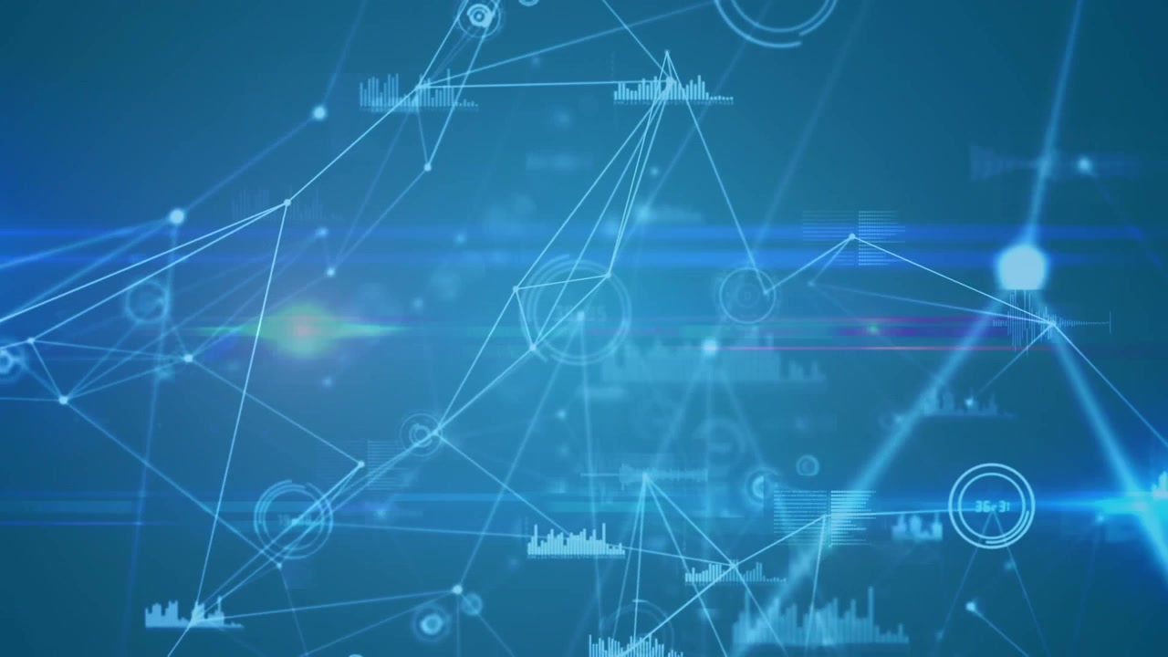 Animation of network of connections over cityscape spinning